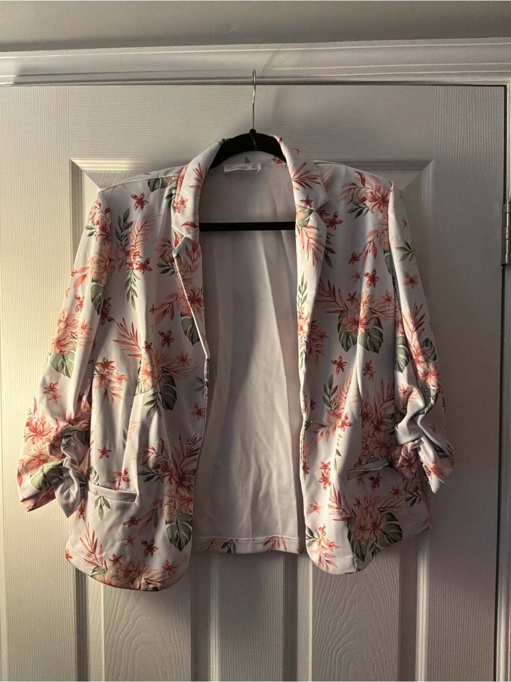 Madison Floral Open-Front Blazer in White with Peach and Green